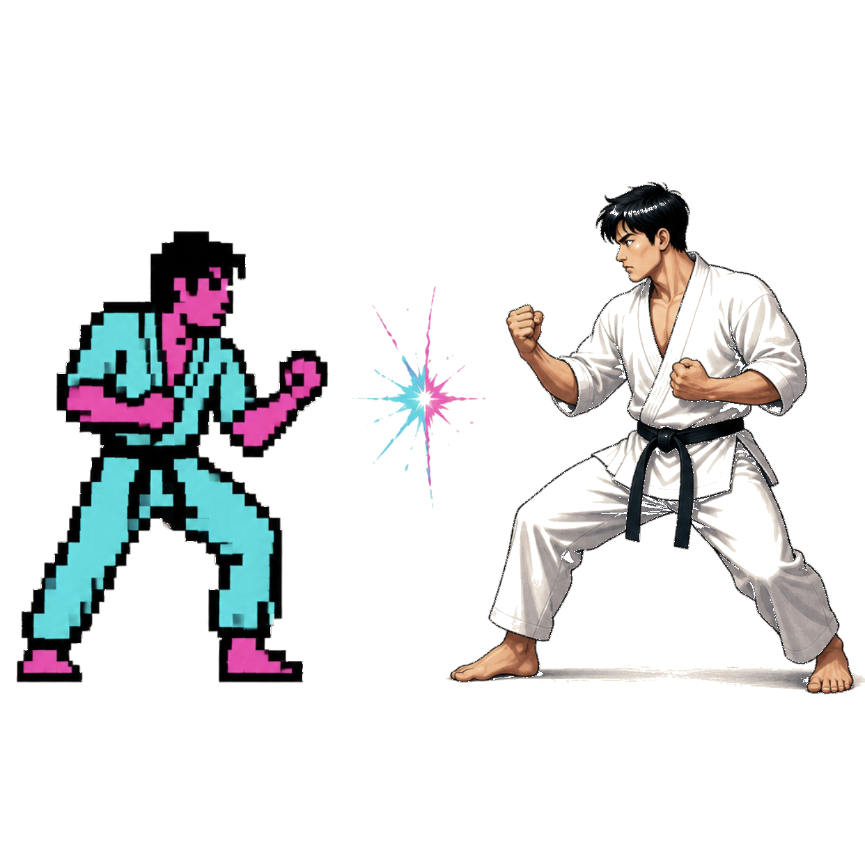 Two martial artists facing each other: one rendered as a pixelated 8-bit sprite, the other as a polished modern illustration