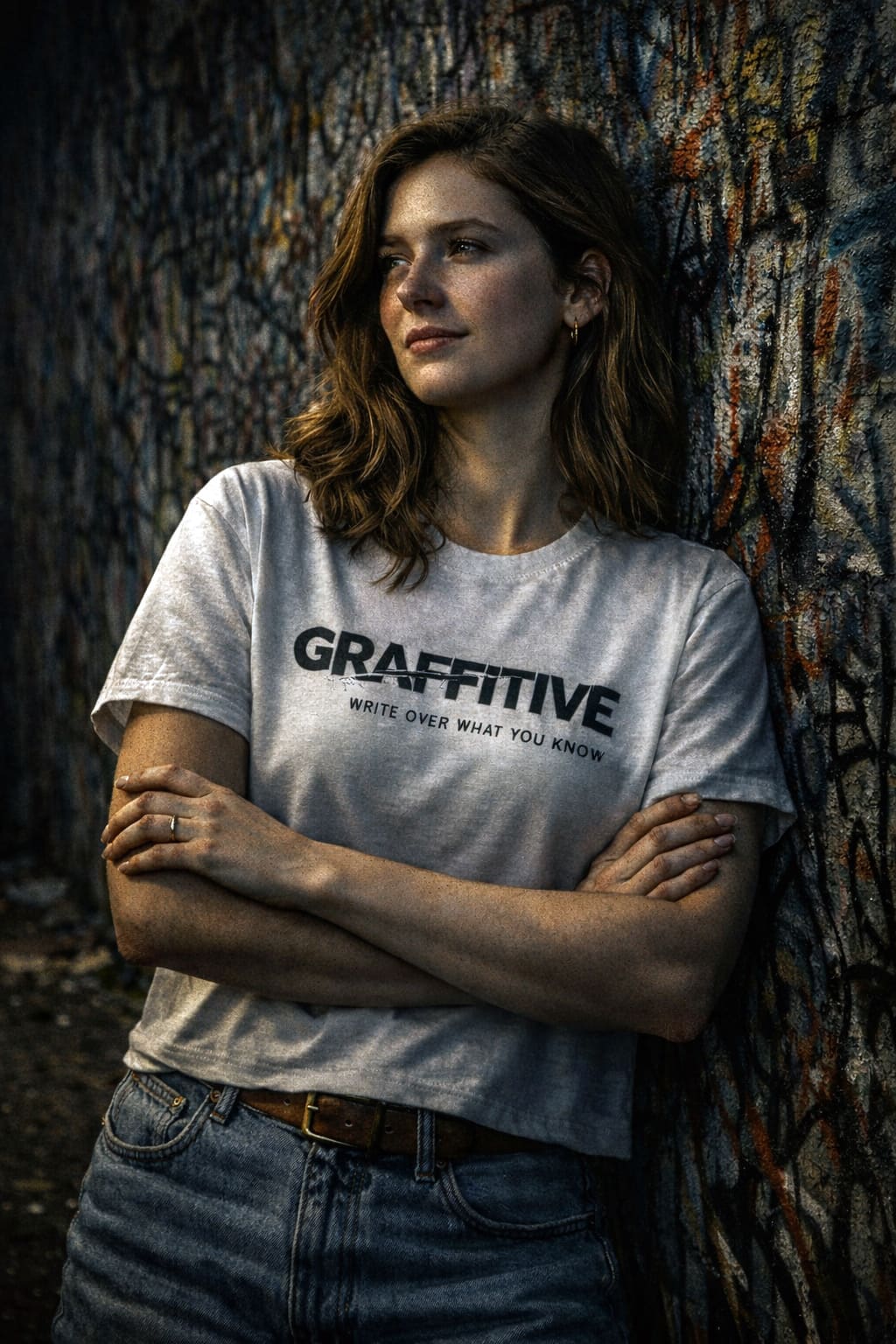 Graffitive — a woman in a Graffitive tee leaning against a graffitied wall in low evening light