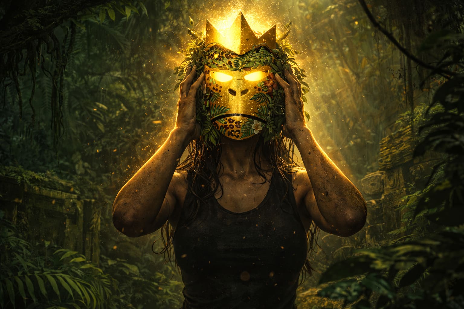 QueenQong — figure cradling a gilded, leaf-wreathed crowned mask in raking jungle light