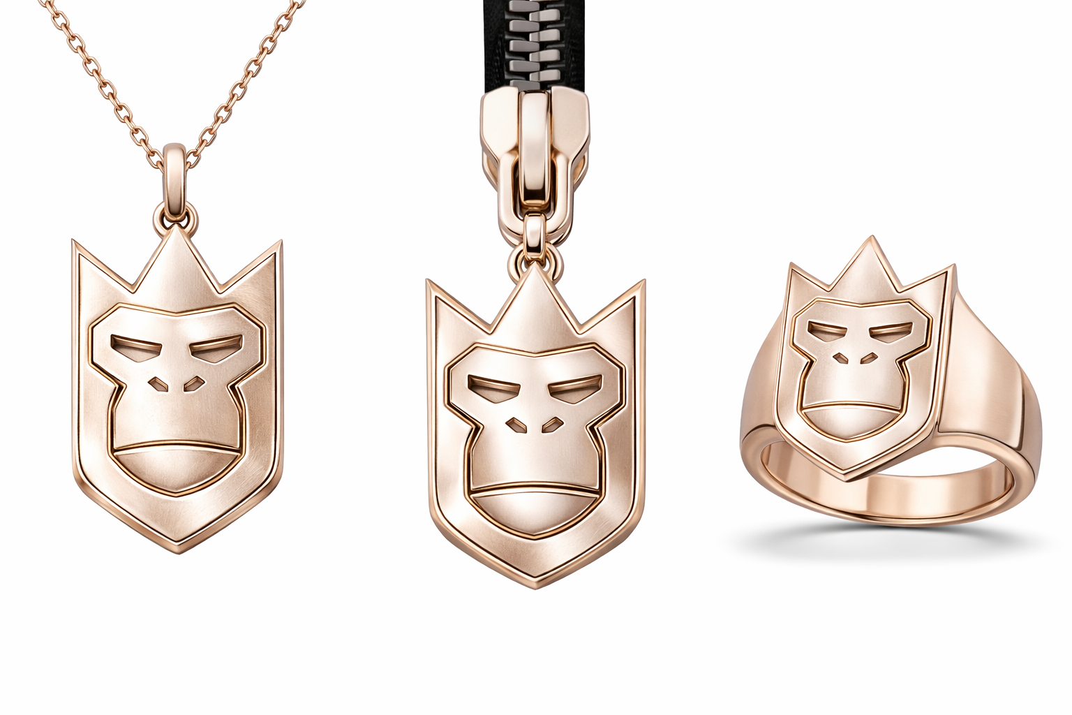 QueenQong rose-gold jewellery — pendant, zip-pull and signet ring